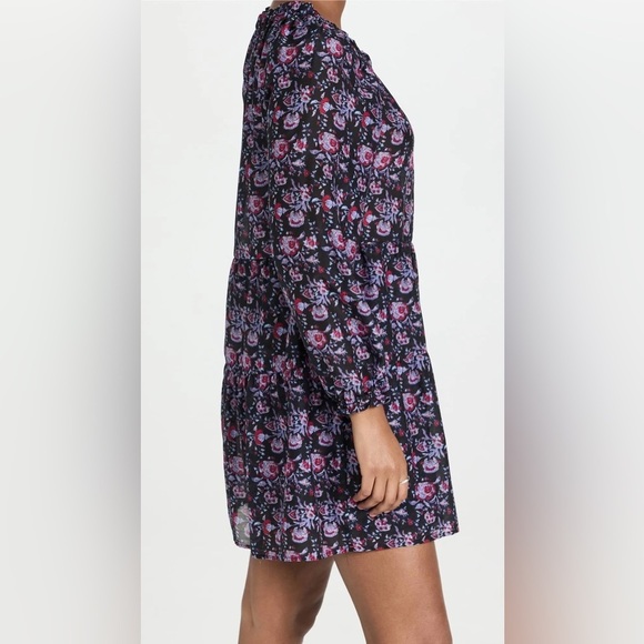 XIRENA Lea Shirred Off the Shoulder Tiered Silk Blend Dress Black Beauty Floral - Picture 5 of 16